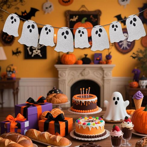 (2 Packs) White Glitter Halloween Hanging Ghost Banner - Ideal for Halloween Party, Indoor & Outdoor Home Decor with Garland and Banner Styles in Saudi Arabia