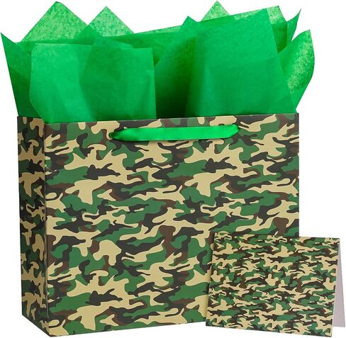 Wrapaholic 13 "أكياس هدايا عيد ميلاد كامو مع البطاقة وورق الأنسجة - حقائب هدايا مموهة خضراء لحفل الجيش ، فتيات الفتيات قدامى المحاربين عيد ميلاد الطفل in Saudi Arabia