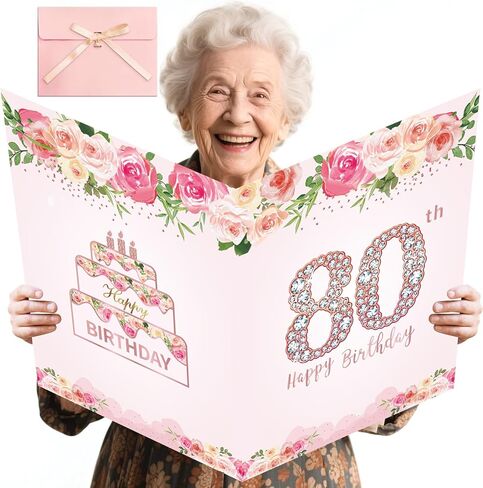 Large 80th Birthday Card With Envelope for Women, Pink Rose Happy 80th Birthday Giant Guest Signature Book Gift, Extra Big Eighty Greeting Card Decoration, Cheers to 80 Year Old Birthday Party Supply in Saudi Arabia