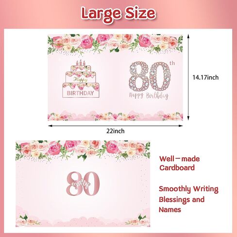 Large 80th Birthday Card With Envelope for Women, Pink Rose Happy 80th Birthday Giant Guest Signature Book Gift, Extra Big Eighty Greeting Card Decoration, Cheers to 80 Year Old Birthday Party Supply in Saudi Arabia