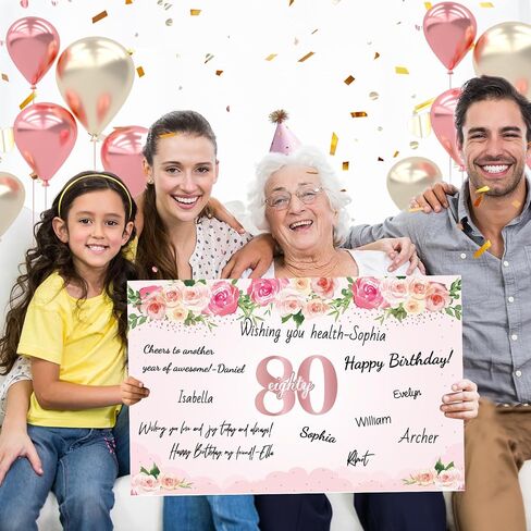 Large 80th Birthday Card With Envelope for Women, Pink Rose Happy 80th Birthday Giant Guest Signature Book Gift, Extra Big Eighty Greeting Card Decoration, Cheers to 80 Year Old Birthday Party Supply in Saudi Arabia
