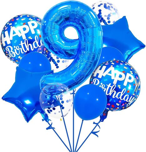 9 رقم بالون ، بالون الأزرق الداكن ، الأزرق Confetti LaTex Balloon Foil 9 بالون عيد ميلاد للذكرى السنوية in Kuwait