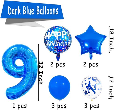 9 رقم بالون ، بالون الأزرق الداكن ، الأزرق Confetti LaTex Balloon Foil 9 بالون عيد ميلاد للذكرى السنوية in Kuwait