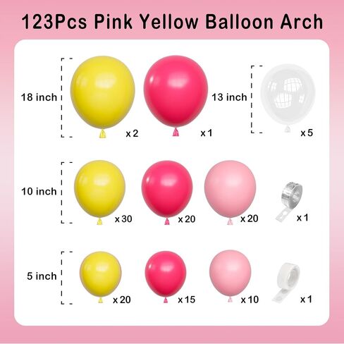 Hot Pink Yellow Balloons Arch Garland Kit-123Pcs Pink Yellow Balloon Garland for Birthday Anniversary Baby Shower Engagement Wedding Retirement Party Decoration in Saudi Arabia