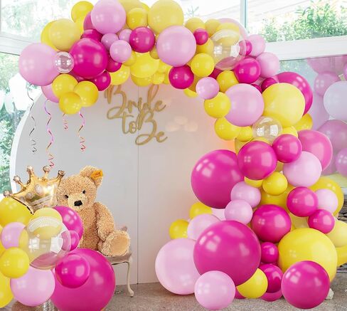 Hot Pink Yellow Balloons Arch Garland Kit-123Pcs Pink Yellow Balloon Garland for Birthday Anniversary Baby Shower Engagement Wedding Retirement Party Decoration in Saudi Arabia