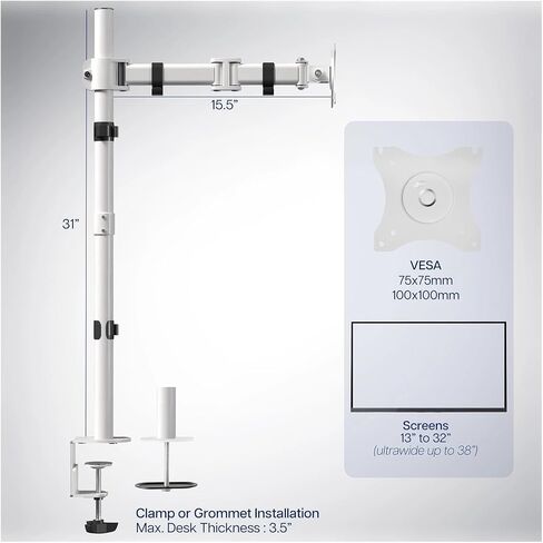 White Single Monitor Desk Mount Extra High Adjustable Stand for 32 Inch Screens - in Saudi Arabia