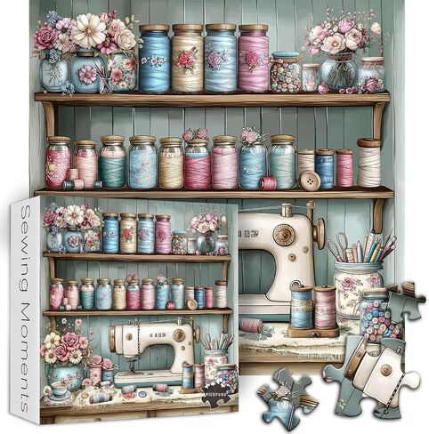 Vintage Sewing Machine 1000 Piece Puzzle for Adults，PICKFORU Sewing Puzzle Flower Thread Jars Teacup，Retro Floral Cozy Craft Room Challenge Jigsaw Puzzle in Saudi Arabia