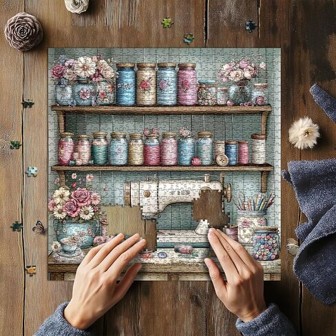 Vintage Sewing Machine 1000 Piece Puzzle for Adults，PICKFORU Sewing Puzzle Flower Thread Jars Teacup，Retro Floral Cozy Craft Room Challenge Jigsaw Puzzle in Saudi Arabia