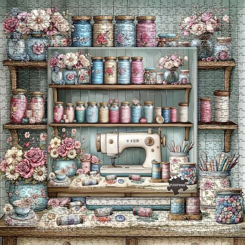 Vintage Sewing Machine 1000 Piece Puzzle for Adults，PICKFORU Sewing Puzzle Flower Thread Jars Teacup，Retro Floral Cozy Craft Room Challenge Jigsaw Puzzle in Saudi Arabia