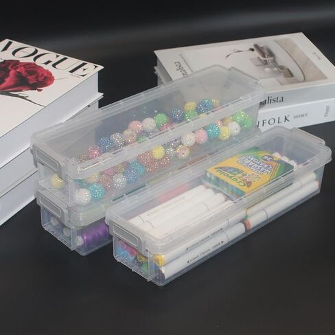 4 Packs Extra Long Pencil Box Large Capacity Pencil Case Clear Plastic Storage Container Long Paint Brush Storage Box Plastic Pencil Holder with Latching Lids (Transparent + Grey) in Saudi Arabia