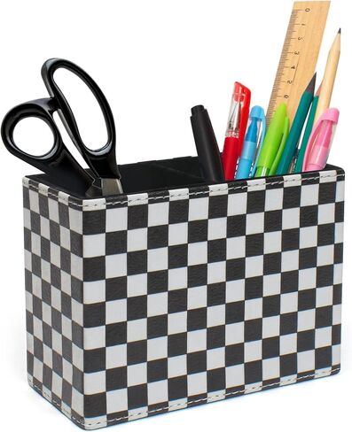 Checkered Pencil Box Desk Accessories for Office Decor, Desktop Pen Holder, Black White Racing Style Organizer Case Stand Cup Storage for Makeup Brush Study Table, with 2 Compartments, Sturdy Leather in Saudi Arabia