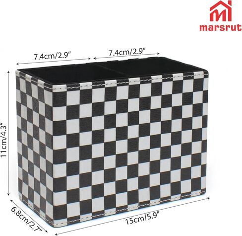 Checkered Pencil Box Desk Accessories for Office Decor, Desktop Pen Holder, Black White Racing Style Organizer Case Stand Cup Storage for Makeup Brush Study Table, with 2 Compartments, Sturdy Leather in Saudi Arabia