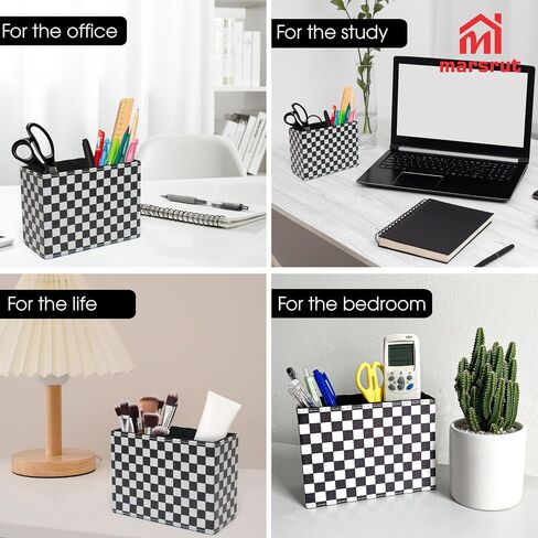Checkered Pencil Box Desk Accessories for Office Decor, Desktop Pen Holder, Black White Racing Style Organizer Case Stand Cup Storage for Makeup Brush Study Table, with 2 Compartments, Sturdy Leather in Saudi Arabia