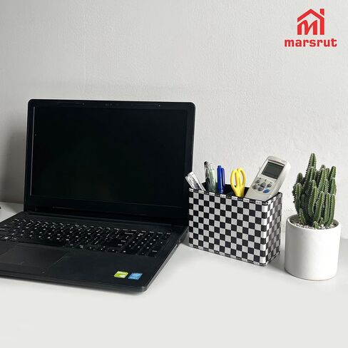 Checkered Pencil Box Desk Accessories for Office Decor, Desktop Pen Holder, Black White Racing Style Organizer Case Stand Cup Storage for Makeup Brush Study Table, with 2 Compartments, Sturdy Leather in Saudi Arabia
