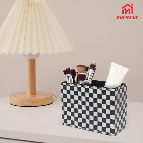 Checkered Pencil Box Desk Accessories for Office Decor, Desktop Pen Holder, Black White Racing Style Organizer Case Stand Cup Storage for Makeup Brush Study Table, with 2 Compartments, Sturdy Leather in Saudi Arabia