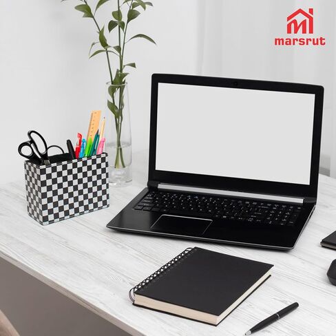 Checkered Pencil Box Desk Accessories for Office Decor, Desktop Pen Holder, Black White Racing Style Organizer Case Stand Cup Storage for Makeup Brush Study Table, with 2 Compartments, Sturdy Leather in Saudi Arabia