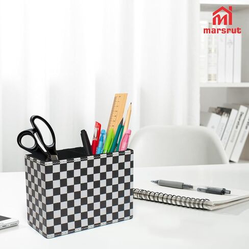 Checkered Pencil Box Desk Accessories for Office Decor, Desktop Pen Holder, Black White Racing Style Organizer Case Stand Cup Storage for Makeup Brush Study Table, with 2 Compartments, Sturdy Leather in Saudi Arabia