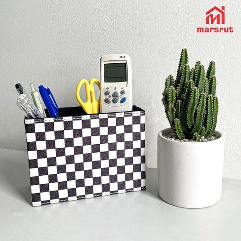 Checkered Pencil Box Desk Accessories for Office Decor, Desktop Pen Holder, Black White Racing Style Organizer Case Stand Cup Storage for Makeup Brush Study Table, with 2 Compartments, Sturdy Leather in Saudi Arabia