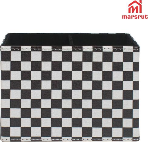 Checkered Pencil Box Desk Accessories for Office Decor, Desktop Pen Holder, Black White Racing Style Organizer Case Stand Cup Storage for Makeup Brush Study Table, with 2 Compartments, Sturdy Leather in Saudi Arabia