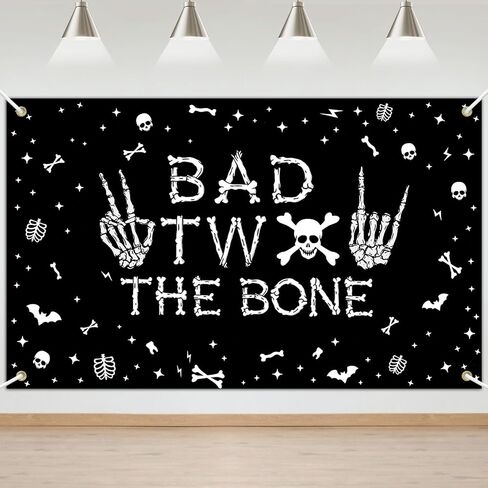 Avezano Bad Two The Bone Backdrop Banner Skeleton Theme 2nd Birthday Decorations for Boys Rock And Roll 2nd Birthday Party Banner Music Theme 2 Year Old Bday Party Decor (Black, 6x3.6ft) in Saudi Arabia