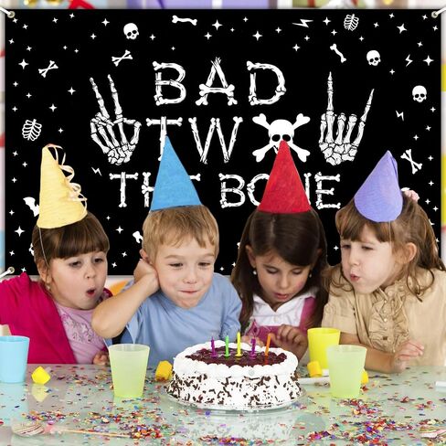 Avezano Bad Two The Bone Backdrop Banner Skeleton Theme 2nd Birthday Decorations for Boys Rock And Roll 2nd Birthday Party Banner Music Theme 2 Year Old Bday Party Decor (Black, 6x3.6ft) in Saudi Arabia