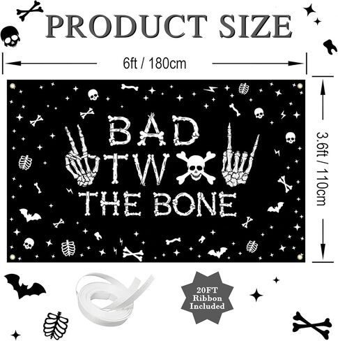 Avezano Bad Two The Bone Backdrop Banner Skeleton Theme 2nd Birthday Decorations for Boys Rock And Roll 2nd Birthday Party Banner Music Theme 2 Year Old Bday Party Decor (Black, 6x3.6ft) in Saudi Arabia