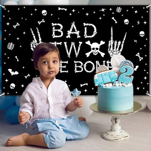 Avezano Bad Two The Bone Backdrop Banner Skeleton Theme 2nd Birthday Decorations for Boys Rock And Roll 2nd Birthday Party Banner Music Theme 2 Year Old Bday Party Decor (Black, 6x3.6ft) in Saudi Arabia