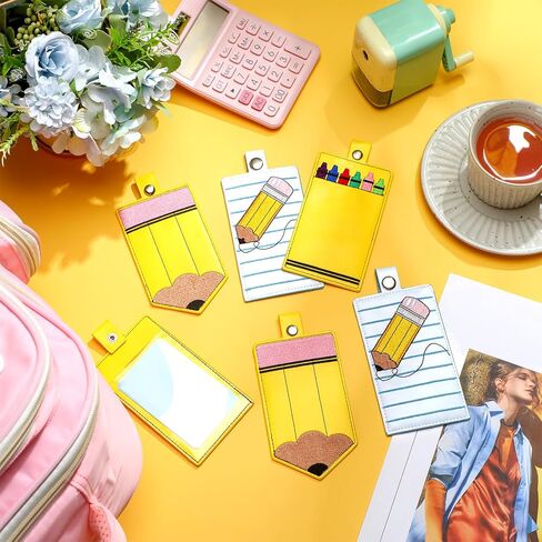 Geyoga 6 Pcs Teacher ID Badge Holder Cute Pencil Crayon Themed ID Card Holder Personalized Pencil Notebook Badge Gifts for Teachers' Day Women Office Graduation in Saudi Arabia