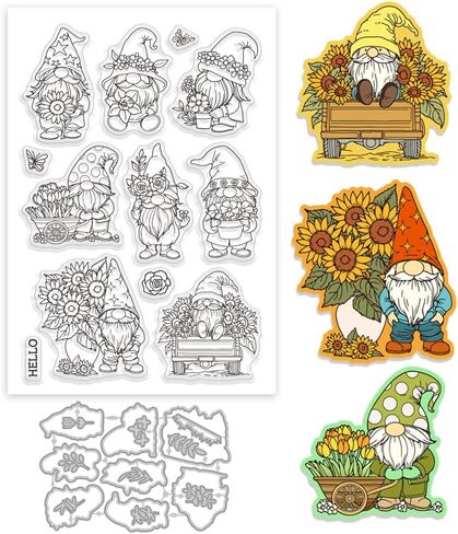Globleland Sunflowers Gnome ختم صافي وموت قطع لتصنيع البطاقات الزنبق قزم السيليكون الصافي ختم الزهور الزهور الورود النرجس البراغي الفراش in Kuwait