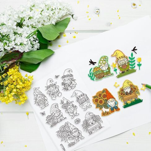 Globleland Sunflowers Gnome ختم صافي وموت قطع لتصنيع البطاقات الزنبق قزم السيليكون الصافي ختم الزهور الزهور الورود النرجس البراغي الفراش in Kuwait