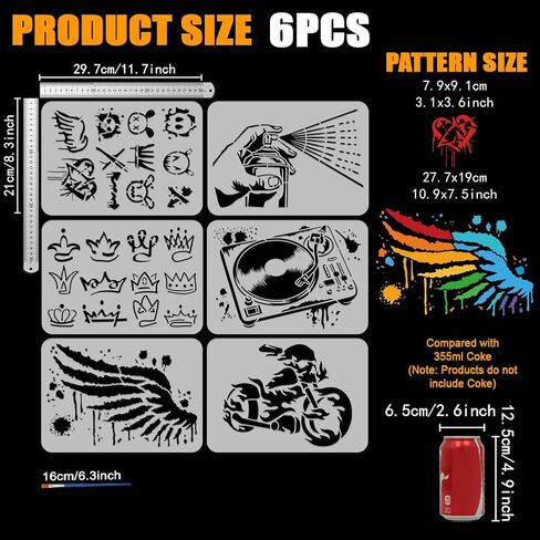 أصابع الإصبع 6 PCS طلاء بالرسوم غرافيتي مع فرشاة 8.3x11.7 بوصة القلب ، أرنب ، التاج ، ترشيات الرسم النمط ، القرص الدوار ، الأجنحة ، استنسل دراجة نارية اللهب للطلاء in Saudi Arabia
