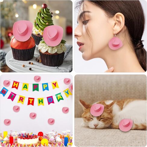 30 PCS Mini Cowboy Hat ، قبعات رعاة البقر المصغرة من البلاستيك ، أغطية كب كيك لطيفة لإكسسوارات الحفلات ، دمية صغيرة لطيفة لصنع المجوهرات المصنوعة من الحرف اليدوية (الوردي) in Kuwait
