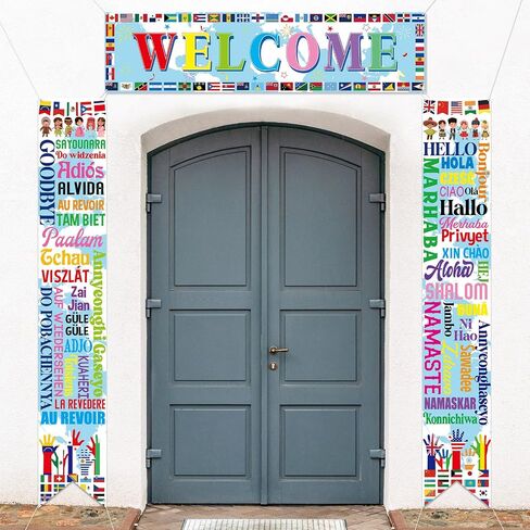 3Pcs Welcome International Party Decorations Country Flags Hanging Porch Sign Around the World Party Door Cover Banner Photo Background for International Sports Events Club Classroom Wall Door Decor in Saudi Arabia