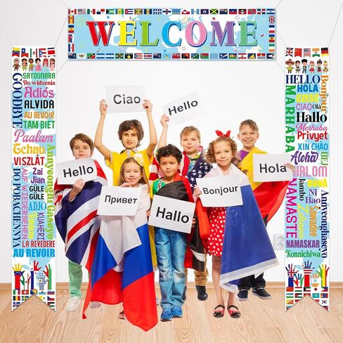 3Pcs Welcome International Party Decorations Country Flags Hanging Porch Sign Around the World Party Door Cover Banner Photo Background for International Sports Events Club Classroom Wall Door Decor in Saudi Arabia