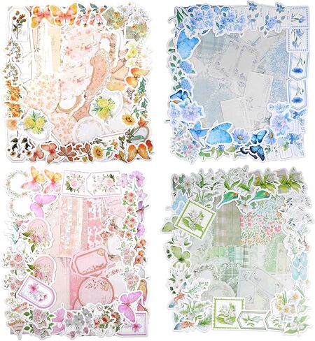 400 PCS Kit Scrapbook Supplies Kit ، ورق قصاصات الأزهار والملصقات ، مجموعة لوازم الحرف الجمالية الجمالية لمجلة Journaling Junk Journal in Saudi Arabia