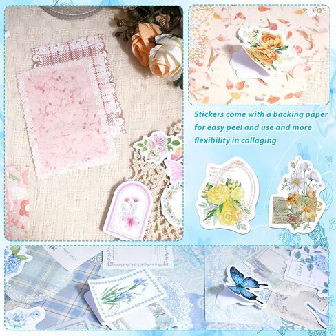 400 PCS Kit Scrapbook Supplies Kit ، ورق قصاصات الأزهار والملصقات ، مجموعة لوازم الحرف الجمالية الجمالية لمجلة Journaling Junk Journal in Saudi Arabia