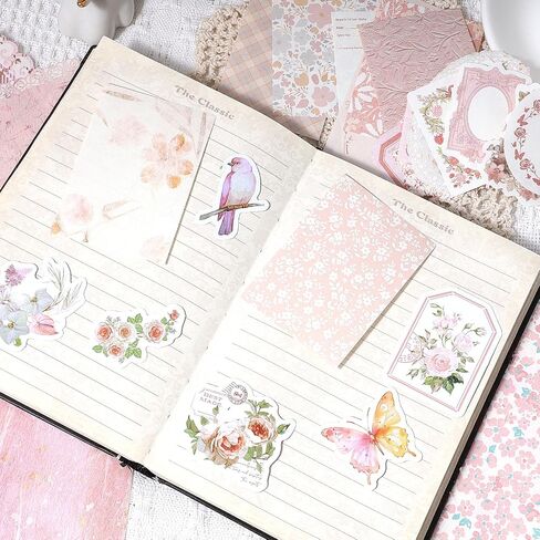 400 PCS Kit Scrapbook Supplies Kit ، ورق قصاصات الأزهار والملصقات ، مجموعة لوازم الحرف الجمالية الجمالية لمجلة Journaling Junk Journal in Saudi Arabia