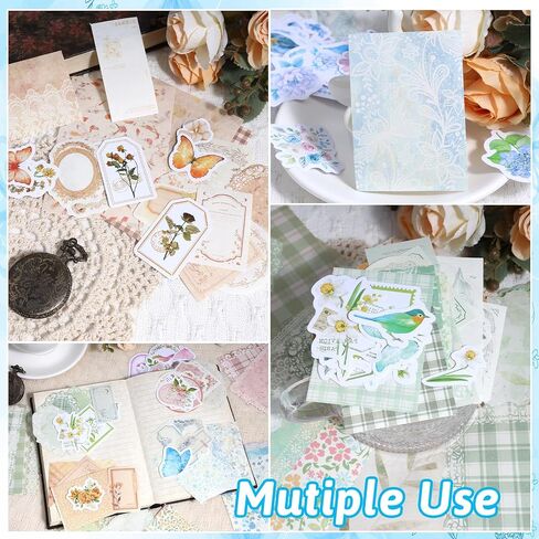 400 PCS Kit Scrapbook Supplies Kit ، ورق قصاصات الأزهار والملصقات ، مجموعة لوازم الحرف الجمالية الجمالية لمجلة Journaling Junk Journal in Saudi Arabia