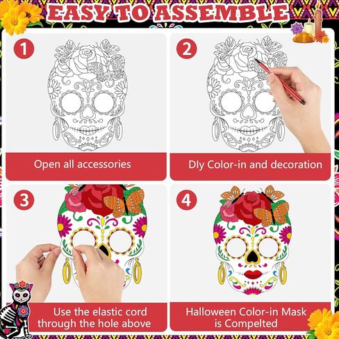 HOWAF 24PCS Day of The Dead Masks Craft Kit, Dia De Los Muertos Sugar Skull Mask Color Your Own Skull Masks for Mexican Day of The Dead Halloween Party Craft Activity in Saudi Arabia