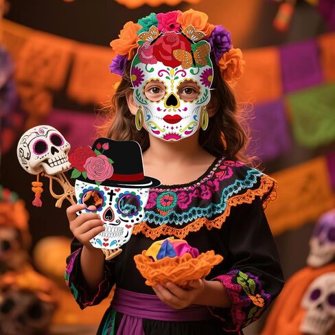 HOWAF 24PCS Day of The Dead Masks Craft Kit, Dia De Los Muertos Sugar Skull Mask Color Your Own Skull Masks for Mexican Day of The Dead Halloween Party Craft Activity in Saudi Arabia