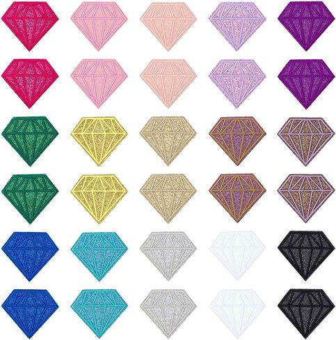 FINGERINSPIRE 30 Pcs Diamond Embroidery Patches 15 Colors Diamond Shape Iron on Cloth Applique 2.64x3Inch Polyester Sequin Glitter Diamonds Sewing Patches for Backpack Pants Hat Jeans Daily Use in Saudi Arabia