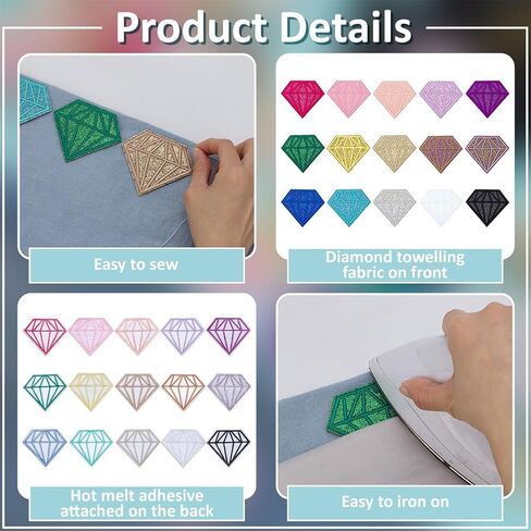 FINGERINSPIRE 30 Pcs Diamond Embroidery Patches 15 Colors Diamond Shape Iron on Cloth Applique 2.64x3Inch Polyester Sequin Glitter Diamonds Sewing Patches for Backpack Pants Hat Jeans Daily Use in Saudi Arabia