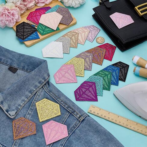 FINGERINSPIRE 30 Pcs Diamond Embroidery Patches 15 Colors Diamond Shape Iron on Cloth Applique 2.64x3Inch Polyester Sequin Glitter Diamonds Sewing Patches for Backpack Pants Hat Jeans Daily Use in Saudi Arabia