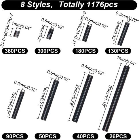 1176Pcs 6 Sizes Glass Tube Beads Black Bugle Seed Beads Mixed Size Tube Seed Craft Bead Assortment Bead for DIY Decoration Carfts Hole: 0.5-1mm in Saudi Arabia