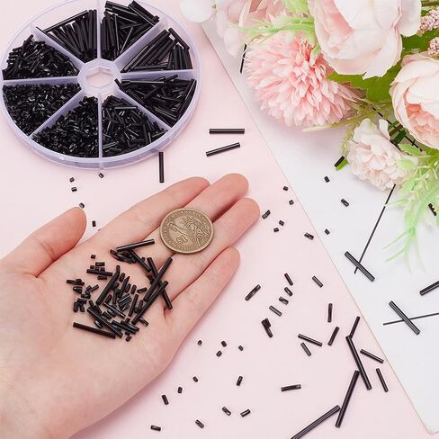 1176Pcs 6 Sizes Glass Tube Beads Black Bugle Seed Beads Mixed Size Tube Seed Craft Bead Assortment Bead for DIY Decoration Carfts Hole: 0.5-1mm in Saudi Arabia