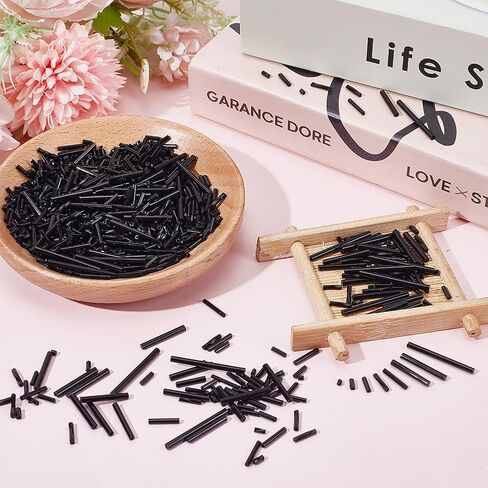 1176Pcs 6 Sizes Glass Tube Beads Black Bugle Seed Beads Mixed Size Tube Seed Craft Bead Assortment Bead for DIY Decoration Carfts Hole: 0.5-1mm in Saudi Arabia