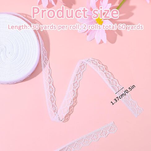 60 Yards White Lace Ribbon Roll Vintage Crochet Cotton Lace for Wedding Decorations DIY Crafts Scrapbooking Sewing Projects Gift Wrapping Christmas Ornaments Handmade Cards Floral Arrangement in Saudi Arabia