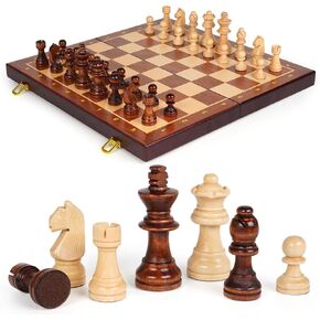 Wooden Magnetic Chess Set –15-Inch Foldable Wooden Chess Board with Magnetic Pieces, Portable Travel Chess Set for Adults and Kids, Classic Board Game with 2 Extra Queen in Saudi Arabia
