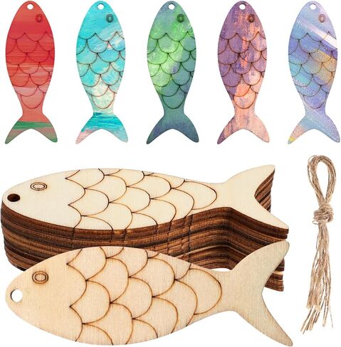 40 Pcs Wooden Fish Cutouts, Unfinished Blank Wooden Signs Wood Hanging Ornaments Fish Shaped Wood Cut Out with Holes with Rope for Crafts Home Party Decoration in Saudi Arabia