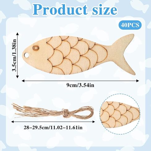 40 Pcs Wooden Fish Cutouts, Unfinished Blank Wooden Signs Wood Hanging Ornaments Fish Shaped Wood Cut Out with Holes with Rope for Crafts Home Party Decoration in Saudi Arabia